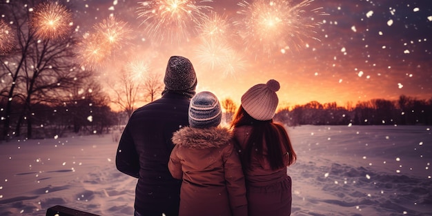 Gelukkige familie kijkt naar vuurwerk tijdens een sneeuwrijke winterwandeling in de natuur