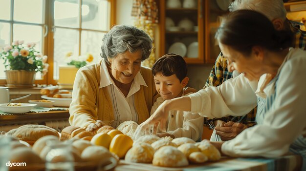 Gelukkige familie koken brood in de keuken thuis Selectieve focus