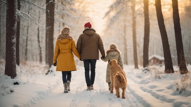 Gelukkige familie loopt met hun Golden Retriever in het Winter Forest Park.