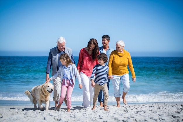 Gelukkige familie met hun hond op het strand