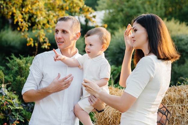 Gelukkige familie met hun zoon wandelen in het Park bij zonsondergang. Geluk. Liefde