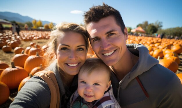 Gelukkige familie met kind jongen in pompoen patch nemen selfie glimlachende baby kiest pompoen met ouders op de boerenmarkt voor Halloween of Thanksgiving Day