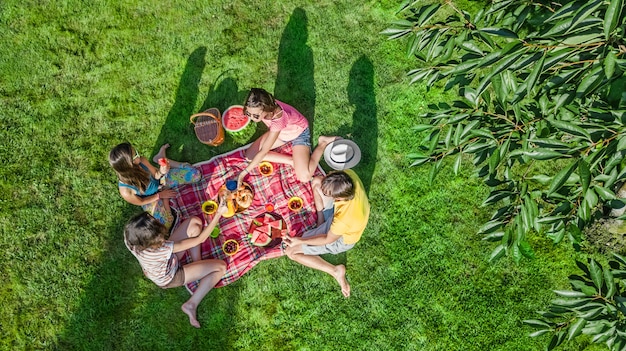 Gelukkige familie met kinderen met picknick in het park, ouders met kinderen zittend op tuingras en gezonde maaltijden buitenshuis eten, luchtfoto drone weergave van bovenaf, familievakantie en weekend concept