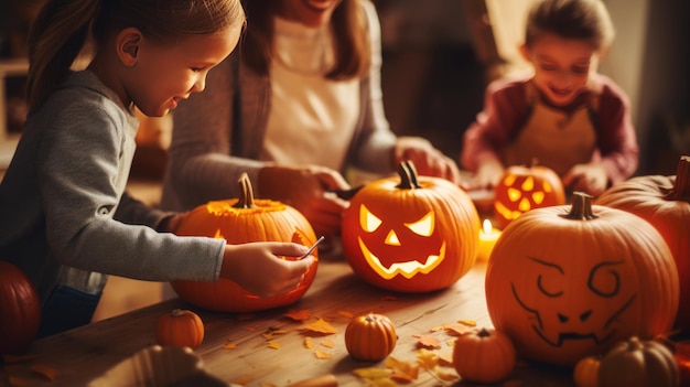 Gelukkige familie met kleine kinderen die thuis pompoenen bereiden voor Halloween