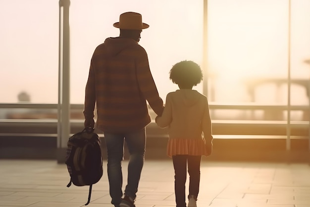 Gelukkige familie met koffers in het luchthaven neurale netwerk ai gegenereerd