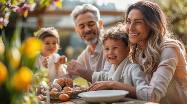 Gelukkige familie met paaseieren aan tafel in de tuin op een lente dag