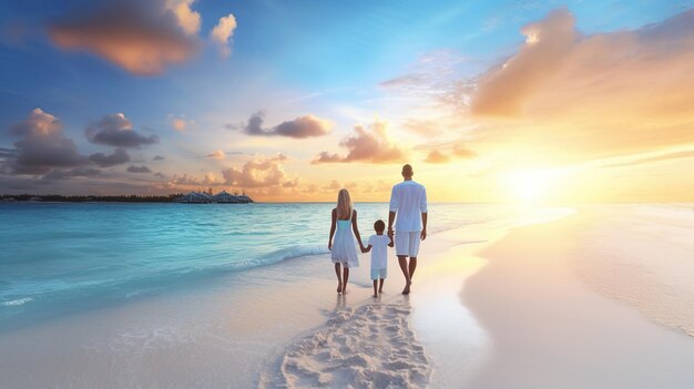 Gelukkige familie met plezier wandelen op het prachtige strand, familie liefde uitzicht