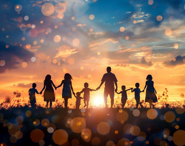 Foto gelukkige familie met veel kinderen die elkaar de handen vasthouden op de weide tijdens de zonsondergang