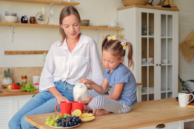 gelukkige familie moeder en dochter drinken thee in de keuken familie ontbijt