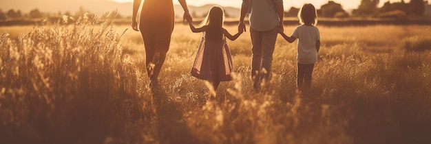 Gelukkige familie moeder vader en dochter lopen op de natuur op zonsondergang houden hand AI Generative