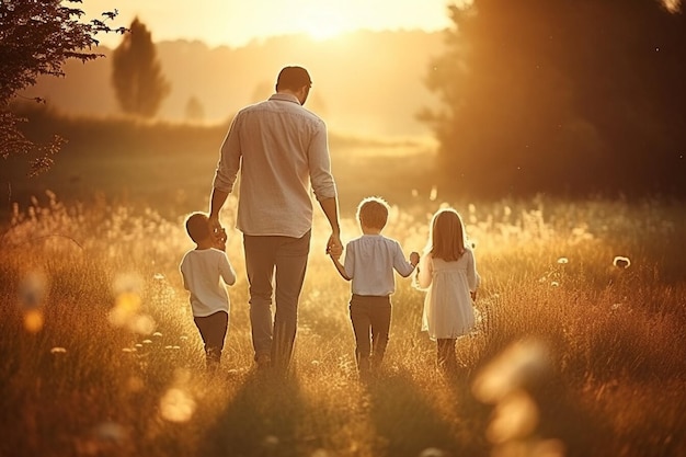 Gelukkige familie moeder vader kinderen zoon en dochter spelen samen en rennen terug in de natuur bij zonsondergang