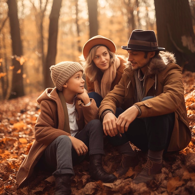 Gelukkige familie op een wandeling in het herfstbos moeder vader en zoon hebben een leuk gesprek