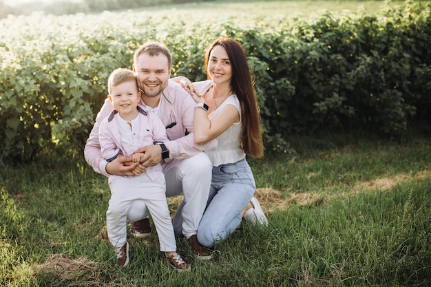 Gelukkige familie poseren op een groen veld