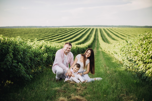 Gelukkige familie poseren op een groen veld