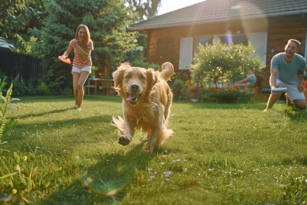 Gelukkige familie speelt fetch met hond in de achtertuin