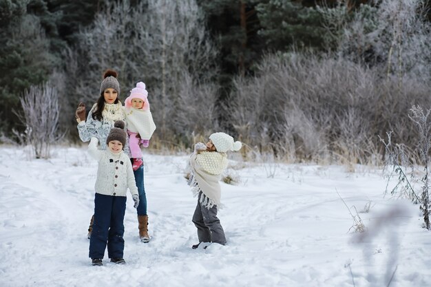 Gelukkige familie spelen en lachen in de winter buiten in de sneeuw. Stadspark winterdag.