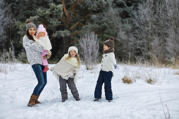 Gelukkige familie spelen en lachen in de winter buiten in de sneeuw. Stadspark winterdag.