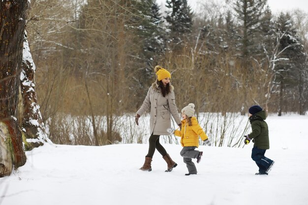 Gelukkige familie spelen en lachen in de winter buiten in de sneeuw Stadspark winterdag