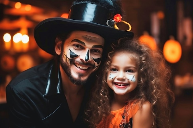 Gelukkige familie vader en dochter in kostuums en make-up op Halloween feest
