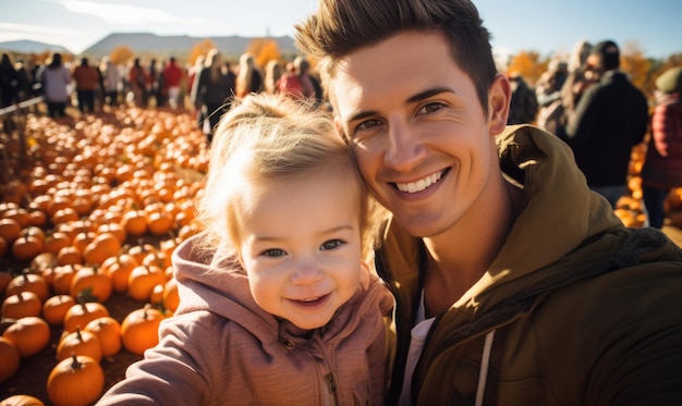 Gelukkige familie vader met dochter in pompoen patch nemen selfie glimlachend baby meisje kiest pompoen met vader op de boerenmarkt voor Halloween of Thanksgiving Day