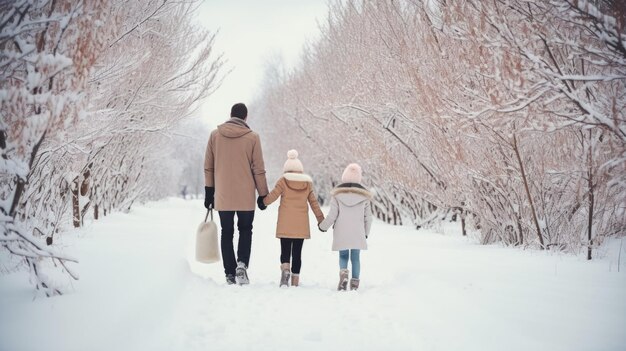 Gelukkige familie Vader moeder en kinderen zijn op winter wandelen in de natuur aantrekkelijkheid