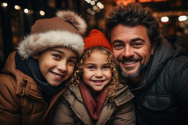 Gelukkige familie vader zoon en dochter in winterkleding