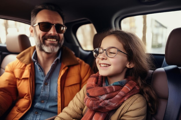 Gelukkige familie van vader en kinderen die samen genieten van een roadtrip AI Generative