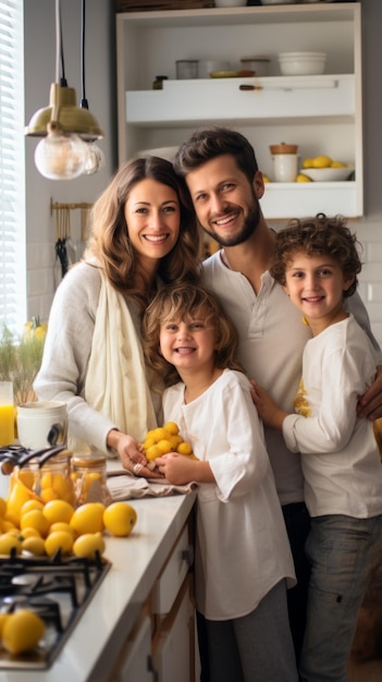 Gelukkige familie van vier in de keuken