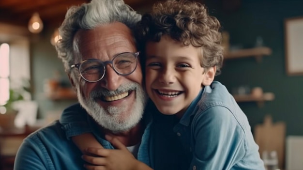 Gelukkige familie veel plezier samen grootvader vader en zoon knuffelen en hebben samen plezier