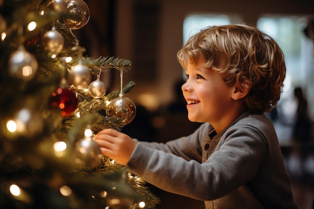 Gelukkige familie versiert thuis een kerstboom