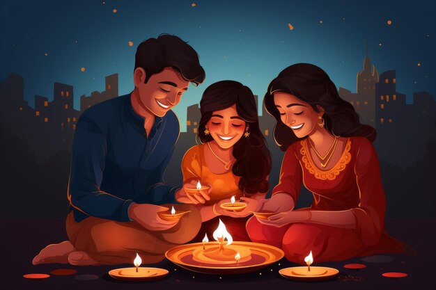 Gelukkige familie vieren diwali met verlichting diya op kleur achtergrond