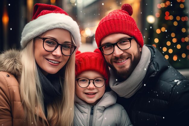 Gelukkige familie viert kerst samen in de stad Xmas Gelukkige nieuwjaar wazige bokeh achtergrond Generative Ai