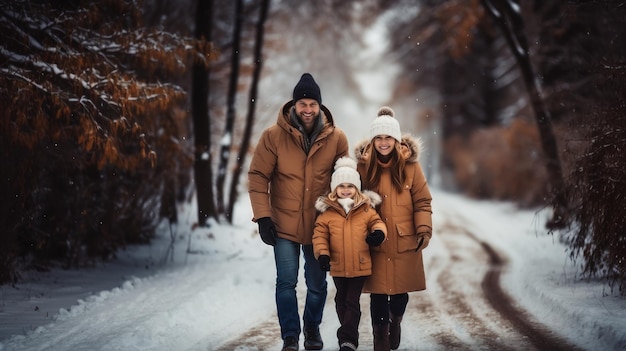 Gelukkige familie wandelen in het winterbos Vader, moeder en dochter