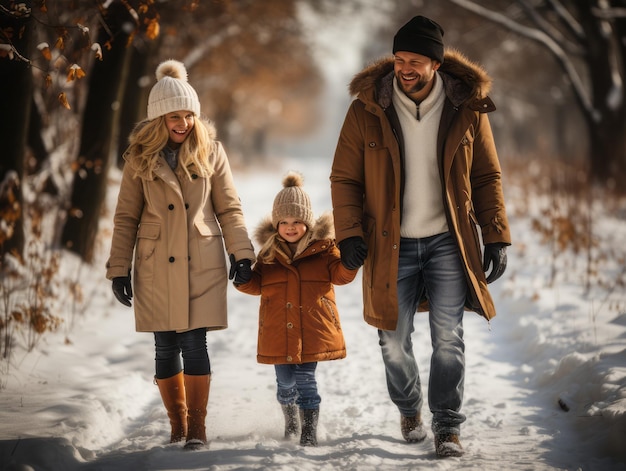 Gelukkige familie wandelen in het winterpark Moeder, vader en kinderen brengen samen tijd door