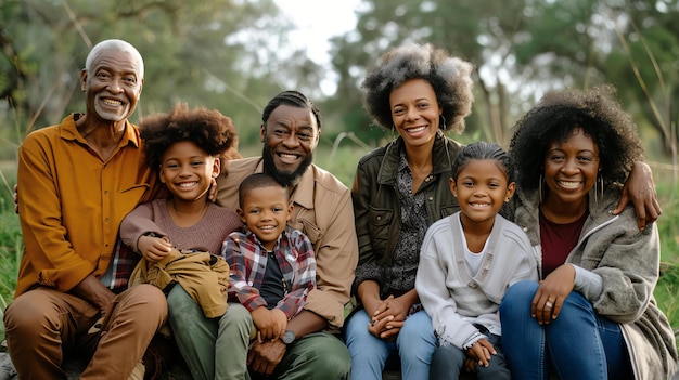 Gelukkige familie zit op een boomstam in het bos de familie glimlacht en lacht samen ze dragen casual kleding