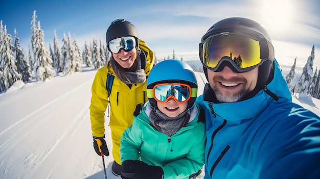 Gelukkige familiefoto's in sneeuw en skiën