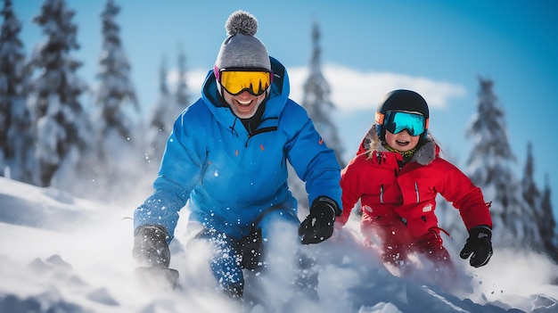 Gelukkige familiefoto's in sneeuw en skiën