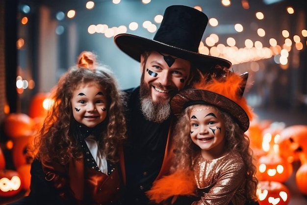 Gelukkige familievader en kleine dochters in kostuums en make-up op Halloween-viering