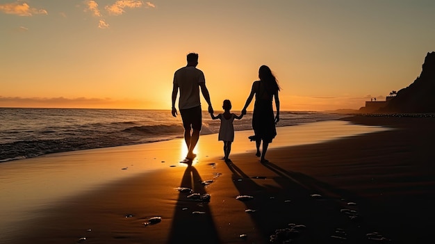 Gelukkige familievakantie Blije vader moeder baby zoon wandeling met plezier langs de rand van zonsondergang zee surfen op b