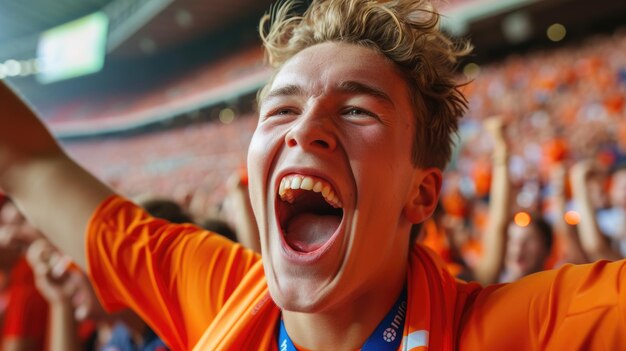 Foto gelukkige fans schreeuwen en gebaren van vreugde bij een voetbalwedstrijd aig