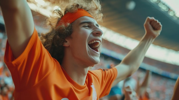 Foto gelukkige fans schreeuwen en gebaren van vreugde bij het voetbalevenement aig41