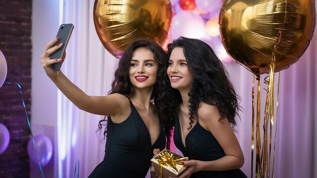 Gelukkige feestmomenten van twee modieuze jonge vrouwen die een selfie maken.