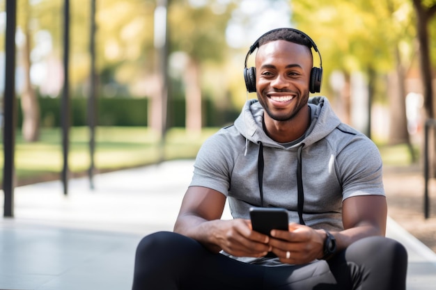 Gelukkige, fitte, sportieve jonge zwarte man die in het workoutpark zit.