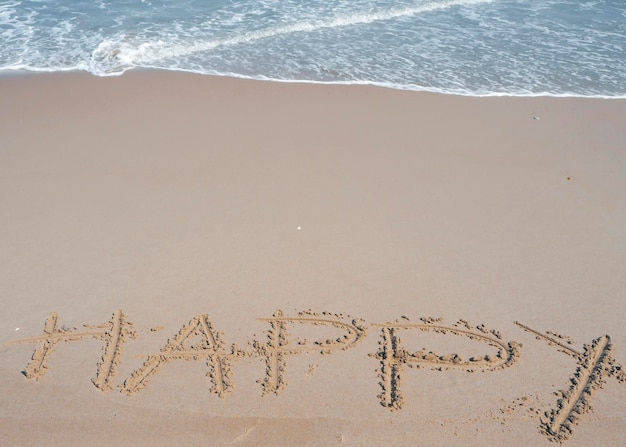 Gelukkige formulering geschreven op zand naast de zee die ontspant en geniet van de zomervakantie op het strand