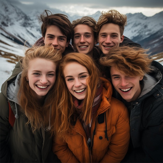 gelukkige foto met vrienden met bergachtergrond