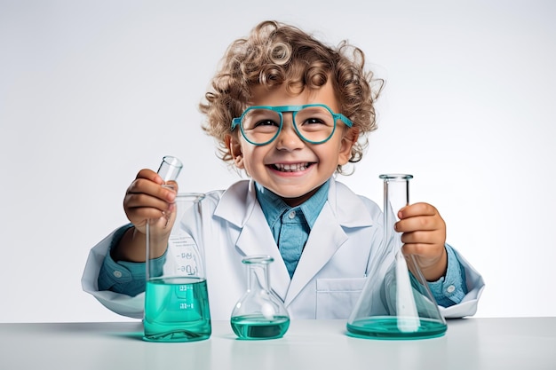 Gelukkige gefocuste wetenschapperjongen in veiligheidsbril die experiment doet in glazen buis