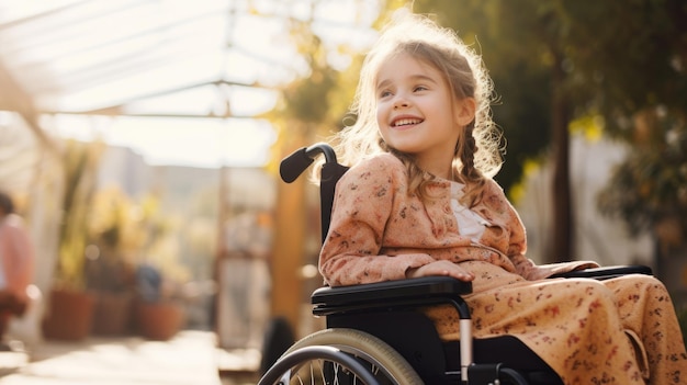 Foto gelukkige gehandicapte meisje in een rolstoel buiten generatieve ai