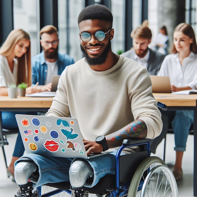 Gelukkige gehandicapte zwarte man in rolstoel met een laptop in het kantoor met mensen op de achtergrond