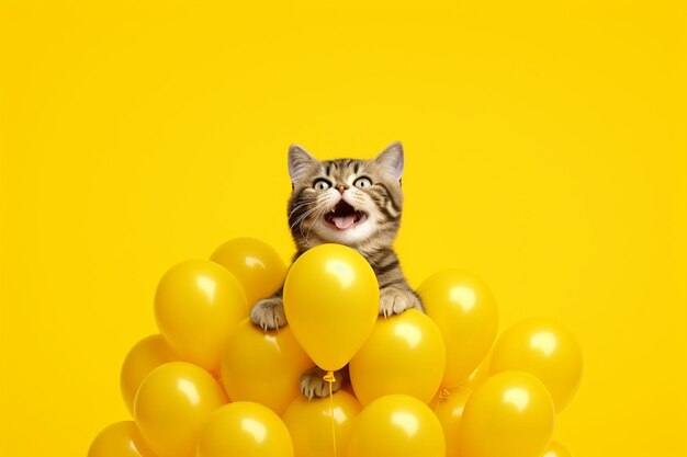 gelukkige geïsoleerde kat met ballons op gele achtergrond