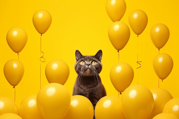 gelukkige geïsoleerde kat met ballons op gele achtergrond